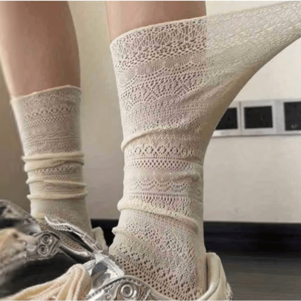 NEW Boho Lace Knit Crew Socks in Ivory